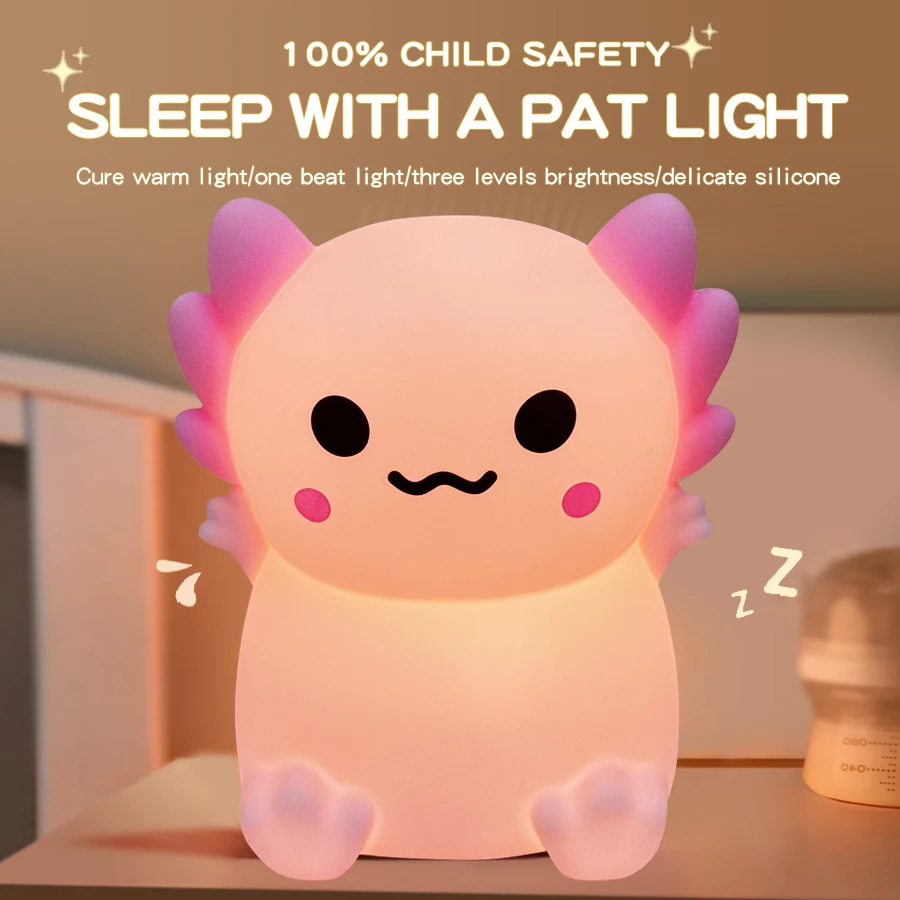 Cute USB Silicone Night Light in Axolotl Shape, 3-Level Warm Light Adjustment, Ideal for Children