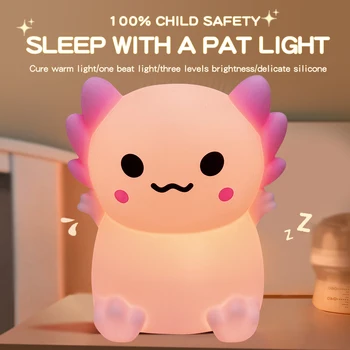 Linda luz nocturna de silicona USB en forma de Axolotl, ajuste de luz cálida de 3 niveles, ideal para niños