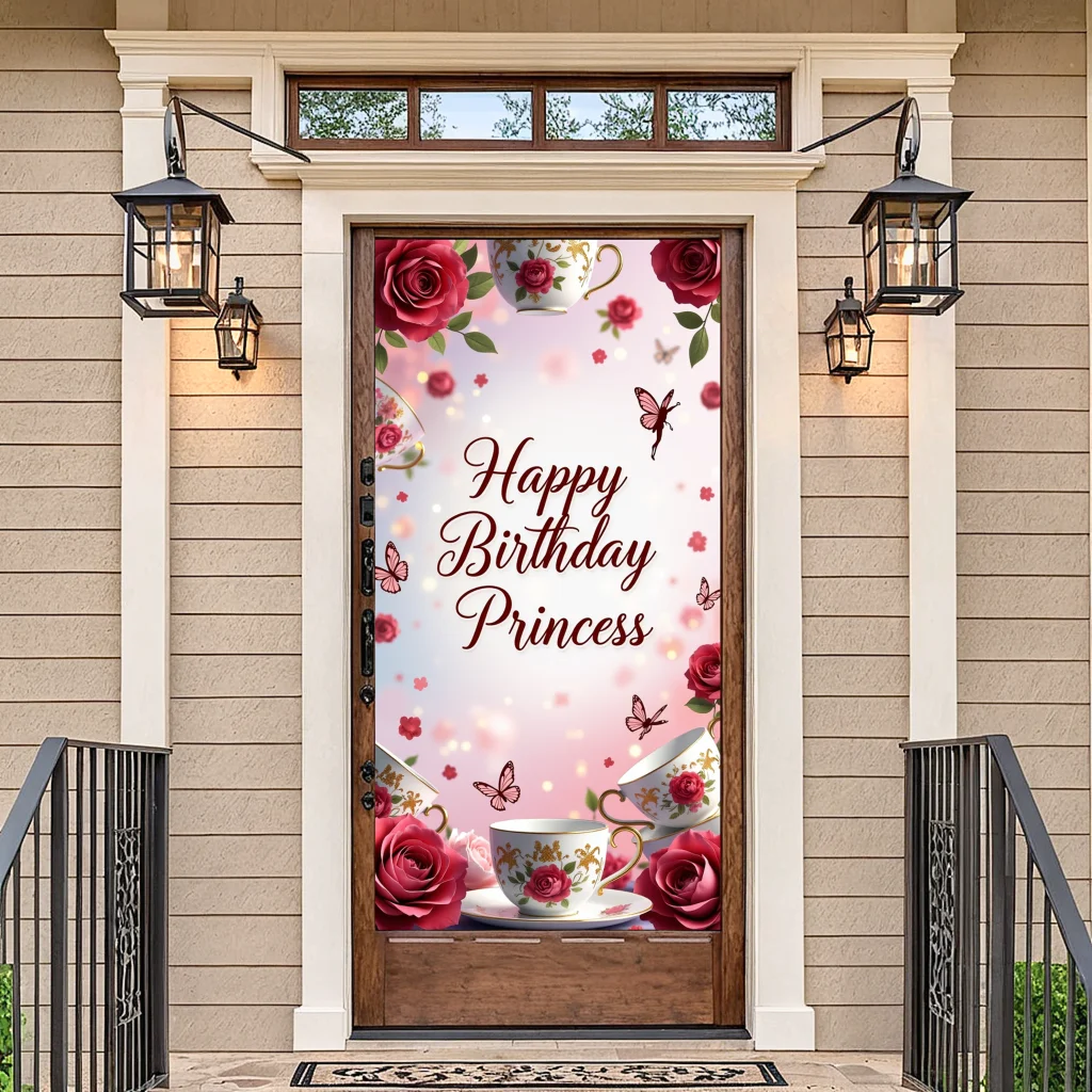 Happy Birthday Princess Backdrop Gorgeous Tea Party Banner Decoration with Roses Butterflies Birthday Celebration Event Decor