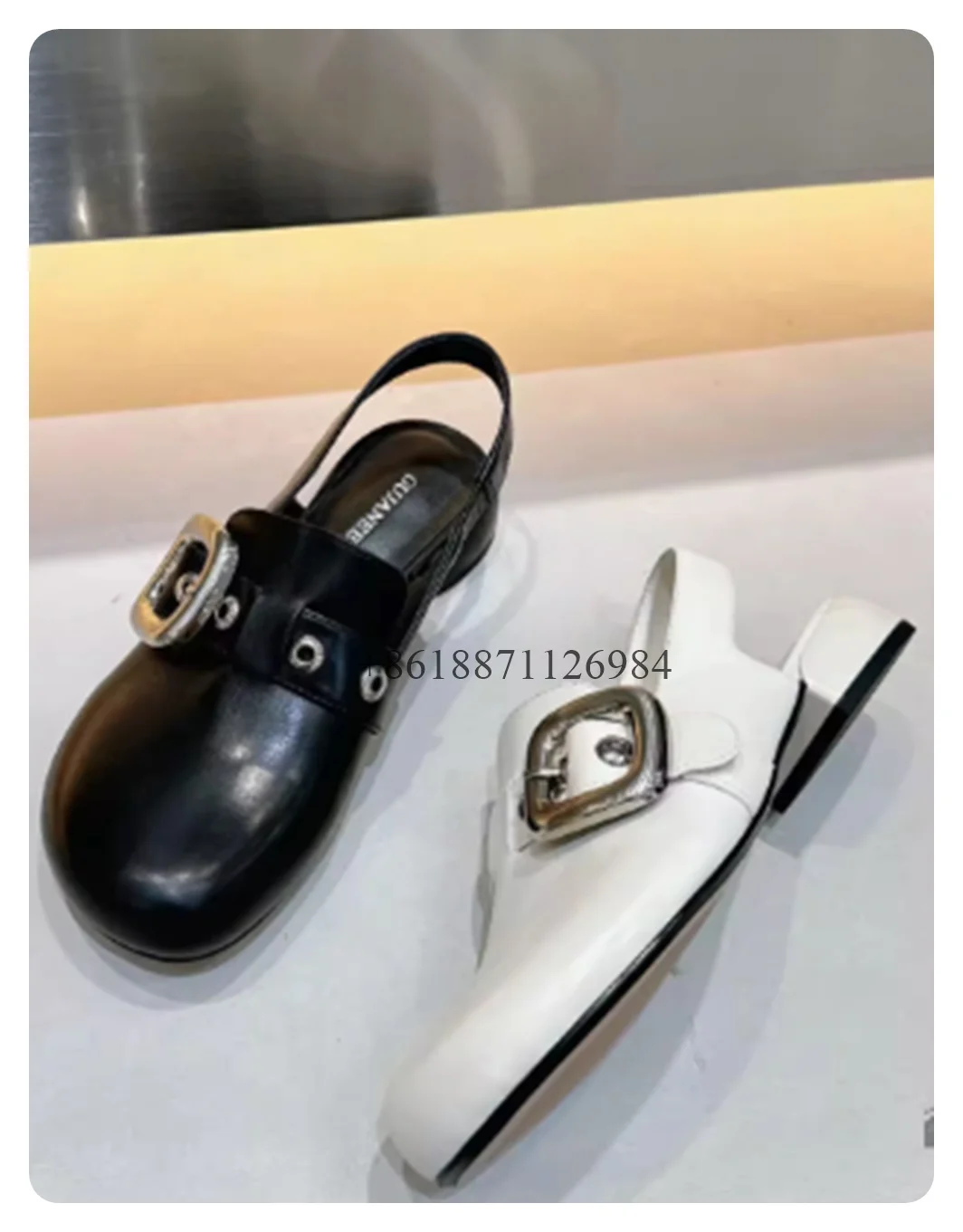 Genuine Leather Soild Leisure Style Round Toe Belt Buckle Summer Women Sandals Chunky Low Heels Slip On Design Closed Toe Shoes