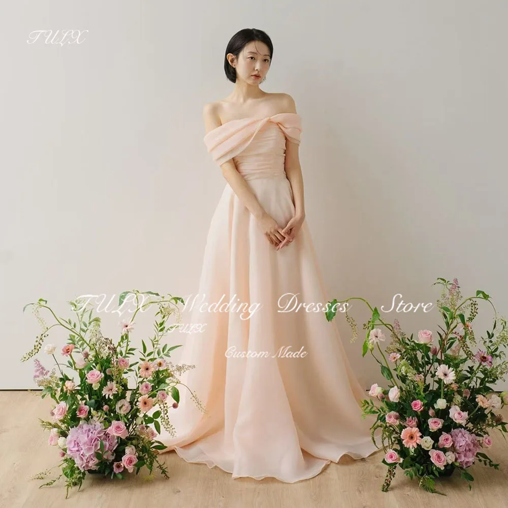 

TULX Fairy Pink Organza Evening Dress Off Shoulder Pleat Korea Weddin Photo Shoot Floor Length Formal Party Dresses Customized