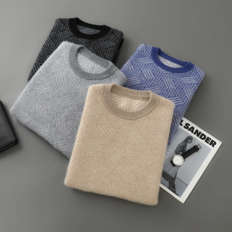Autumn and winter new round neck 100% pure wool sweater contrasting color men's sweater loose casual business knit base pullover