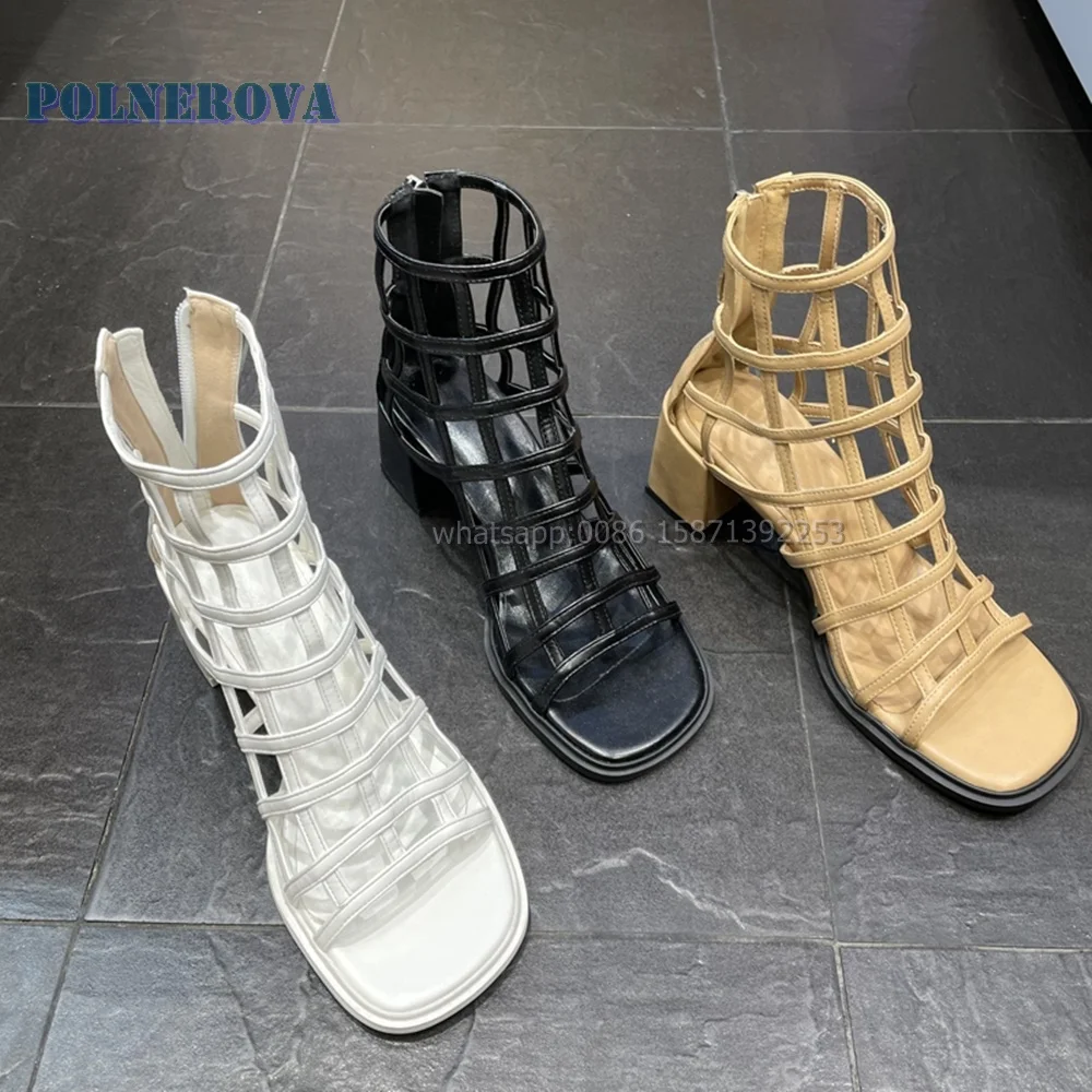 Mesh Hollow Out Rome Sandały Sexy Solid Casual Shoes 2024 Trend Summer Open Toe Square Heel Cover Heel Zip Woven Women Gladiator