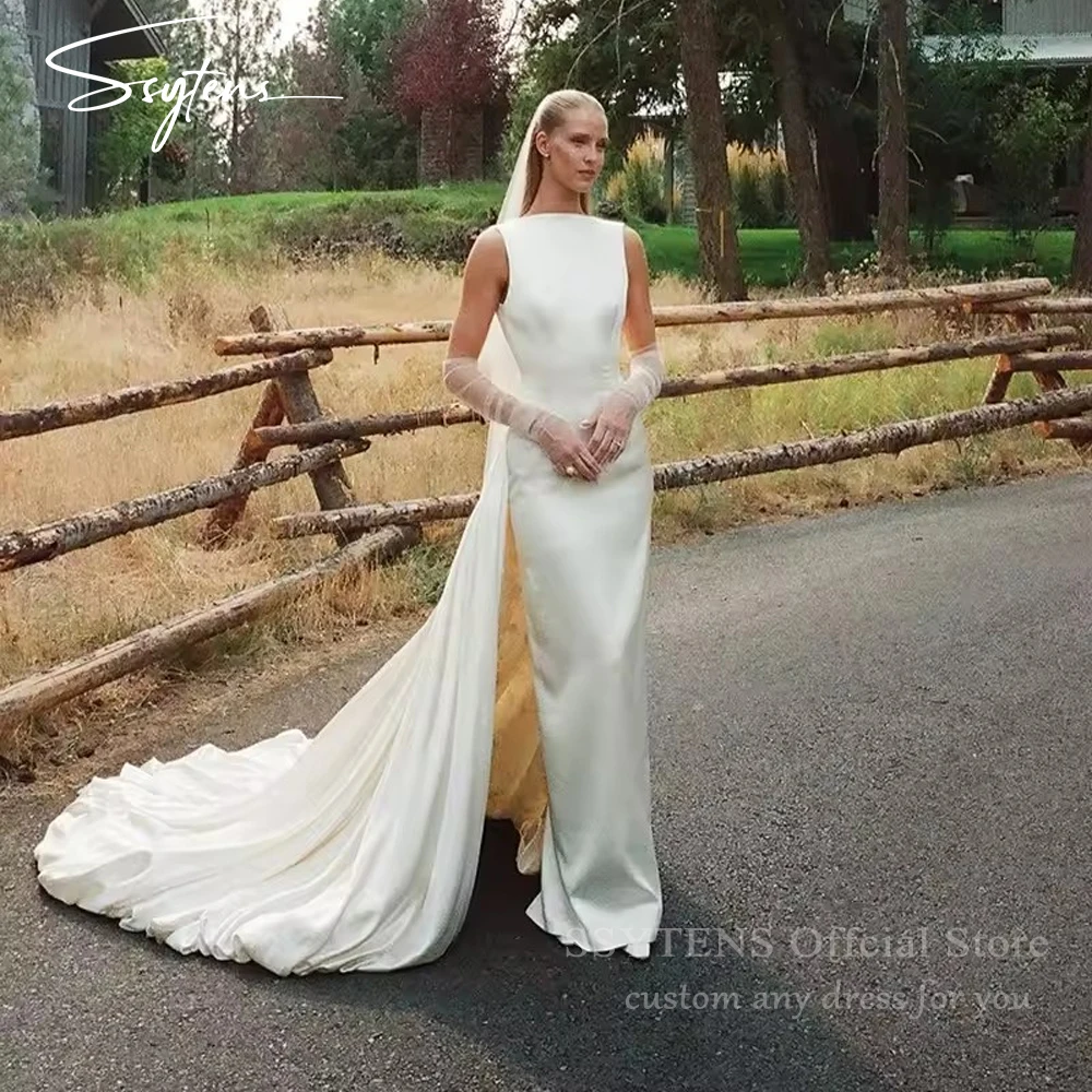 

SSYTENS Elegant Mermaid Wedding Dresses Scoop Neck Sleeveless Backless Bridal Dress White Simple Boho Wedding Gowns Customized
