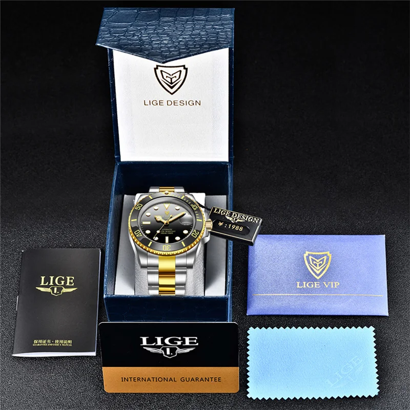 LIGE Luxury Mechanical Men Watch Business Stainless Automatic Wristwatch Ceramic Bezel GMT Dive Watch for Man Reloj Hombre+Box