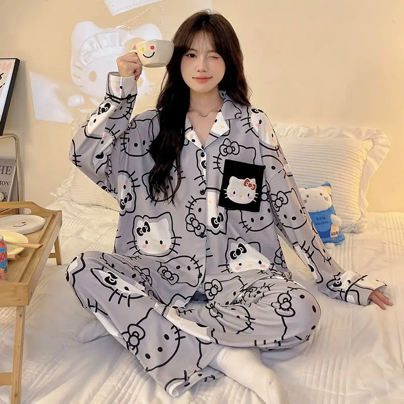 

Sanrio Girl De Rong утепленные брюки пижамный комплект зимний Kawaii Hello Kitty с откидным воротником модный комплект одежды для отдыха на выходе