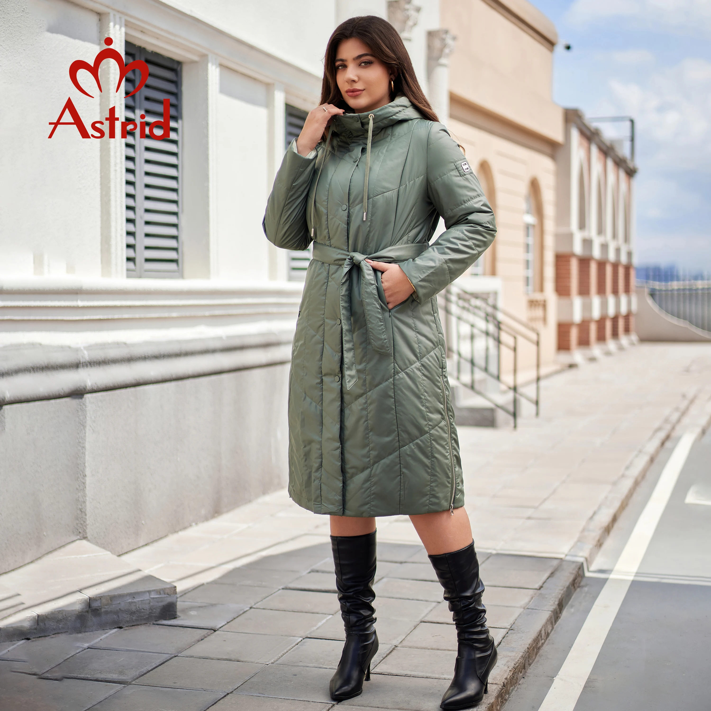 Astrid Dames Herfst Winter Parka Plus Size Vrouw Kleding Lange Vulling Warme Capuchon Dames Gewatteerd Jasje Jassen Riem Split Zoom