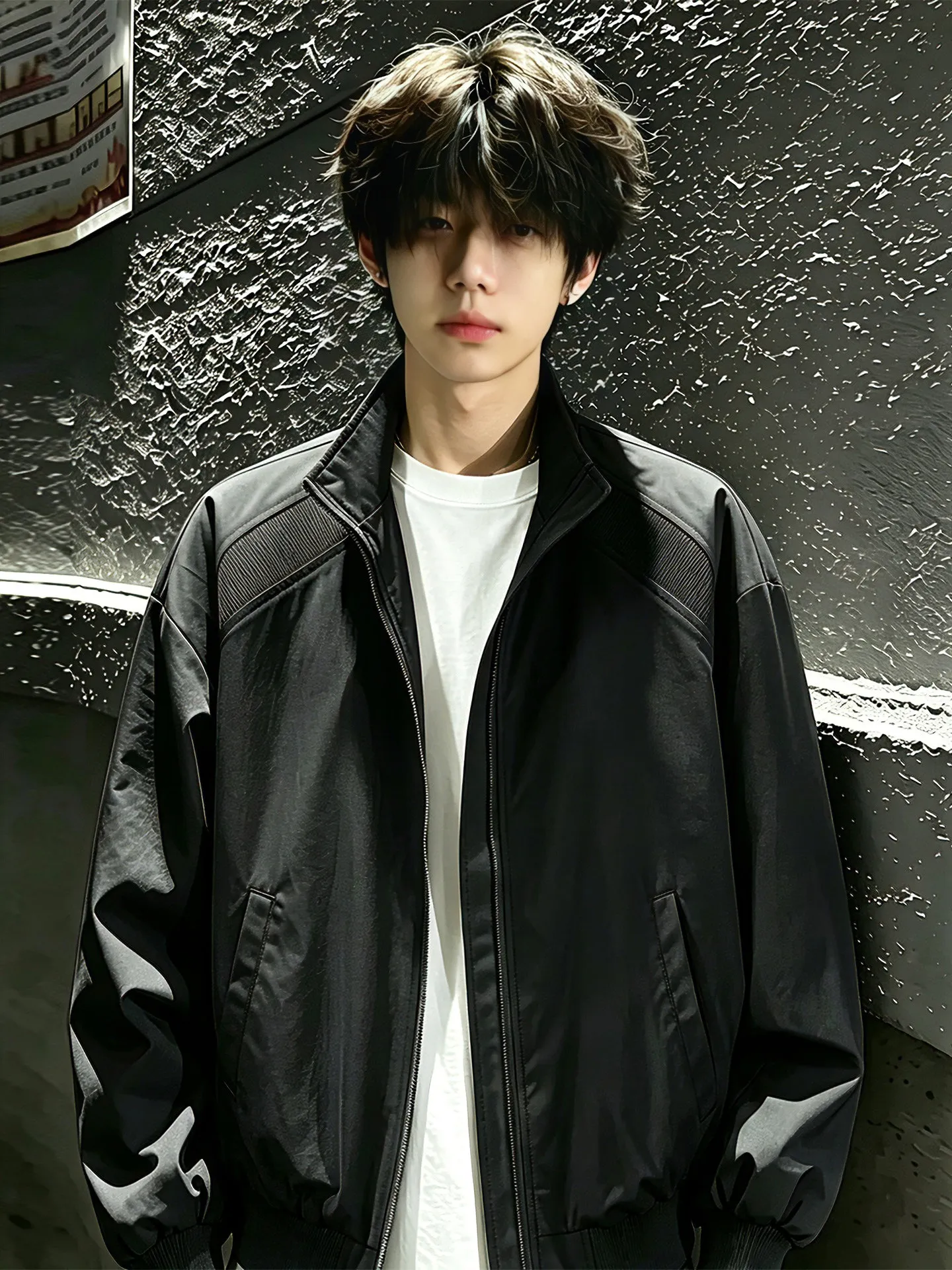 Men's Black American Style Flight Jacket Short Baseball Coat Three-Proof Autumn Fashion Urban Regency Polyester Fiber Jacket