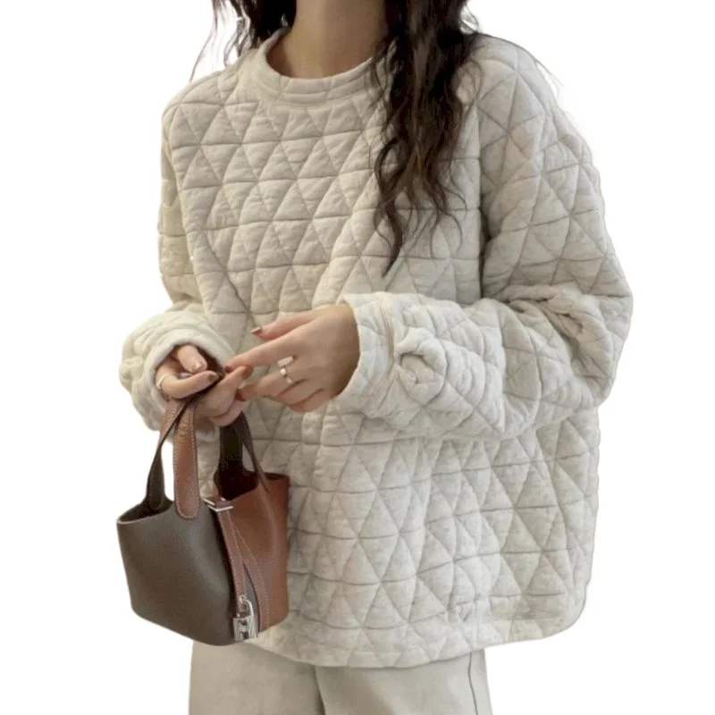 

Quilted Pullovers for Women High Quality Diamond Thicken Tops Autumn Winter Trend Korean Fashion Warm Pullover Womens Clothing