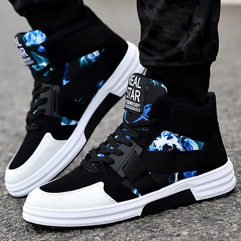 Men High-top Sports Shoes Fashionable Pattern Printed Casual Shoes Anti-slip White Soles Breathable Comfortable Full-match Shoes