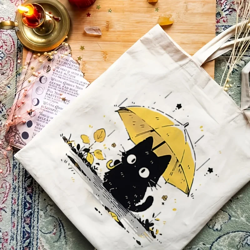 1pc Cute Black Cat Canvas Bag Tote Bag Reusable Grocery Shopping Bag, Multi-Functional  High-Capacity Double-Sided Handbag