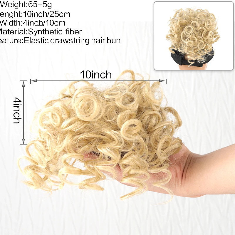 JINKAILI 合成乱雑なカーリーおだんごヘアピース弾性巾着ポニーテールエクステンションおだんごヘアグレーブラックブロンド偽おだんごヘア