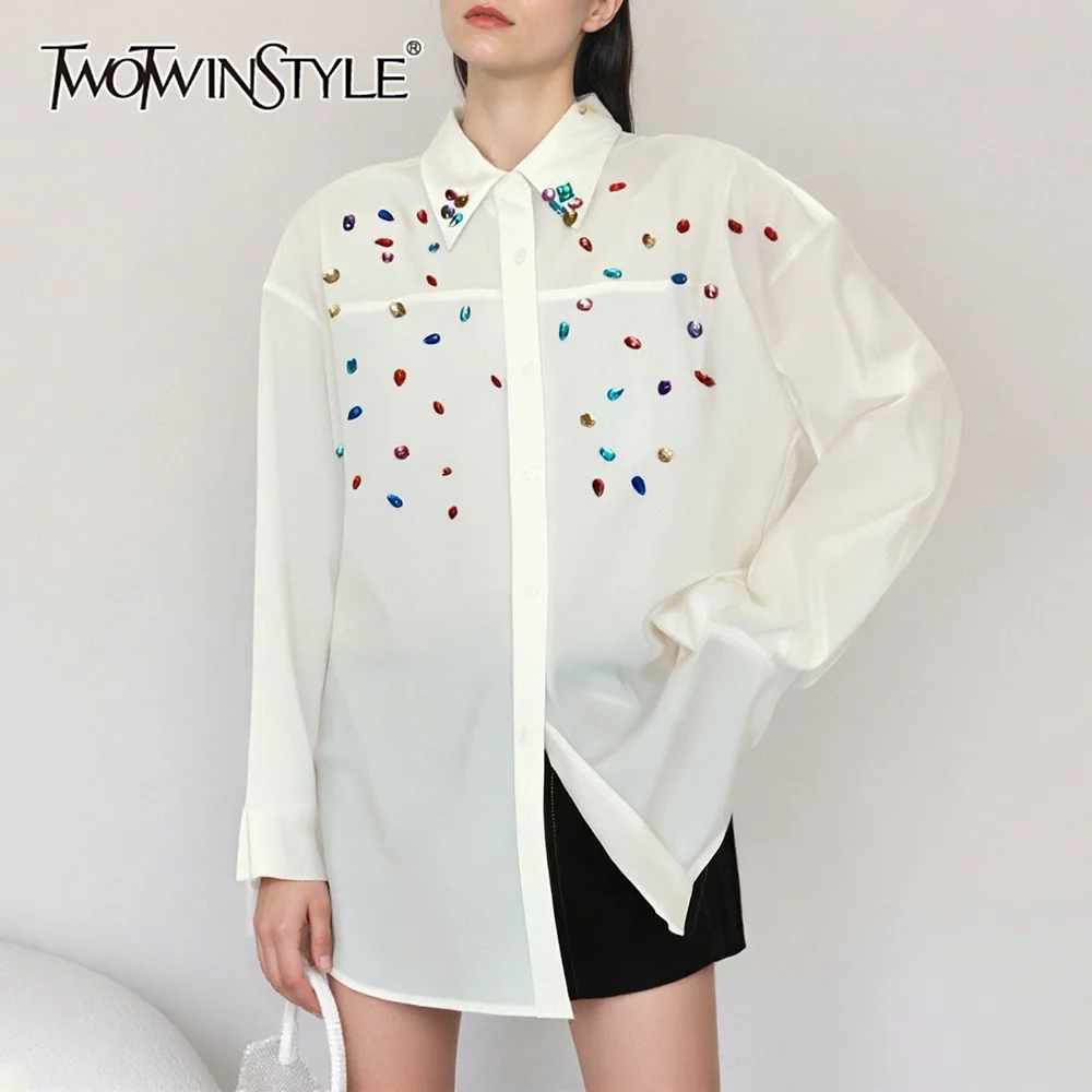

TWOTWINSTYLE Solid Spliced Diamonds Basics Shirt Female Lapel Long Sleeve Casual Chic Women's Shirts Autumn Style Fashion New