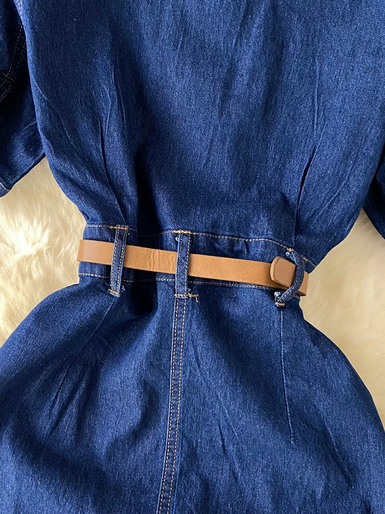 summer fashion Split denim dress package hip puff sleeve single-breasted women slim Square collar jeans dress