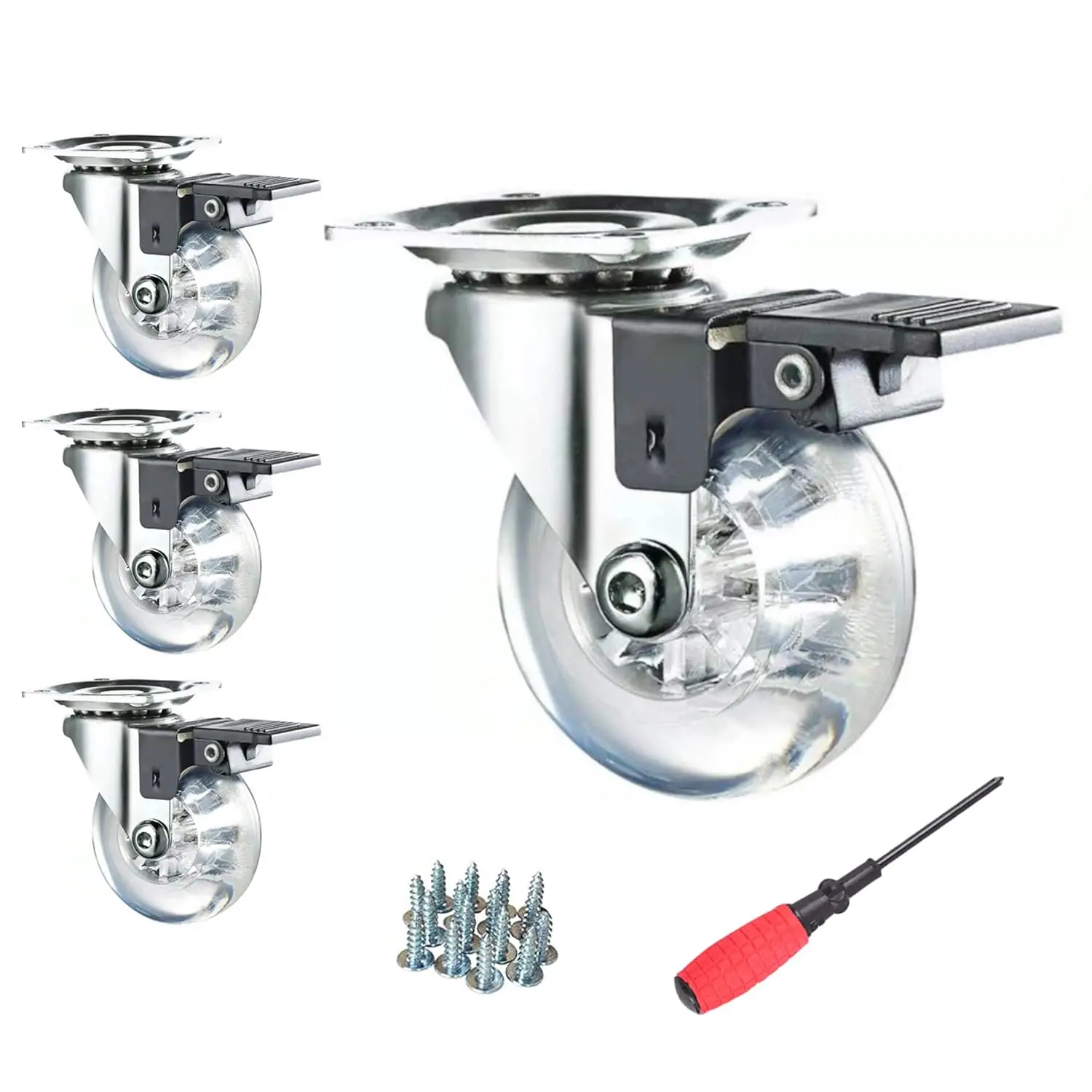 Kółka obrotowe 3 cale, zestaw 4 kółek wytrzymałych z hamulcem, przezroczyste poliuretanowe kółka meblowe o udźwigu 800 funtów do stołu roboczego