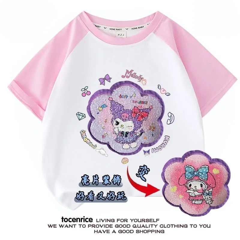 Kuromi Girls Summer Short Sleeved T-Shirt With Sequins Changing Color Melody Flip Picture Yugui Dog Clothes Children's Top 3