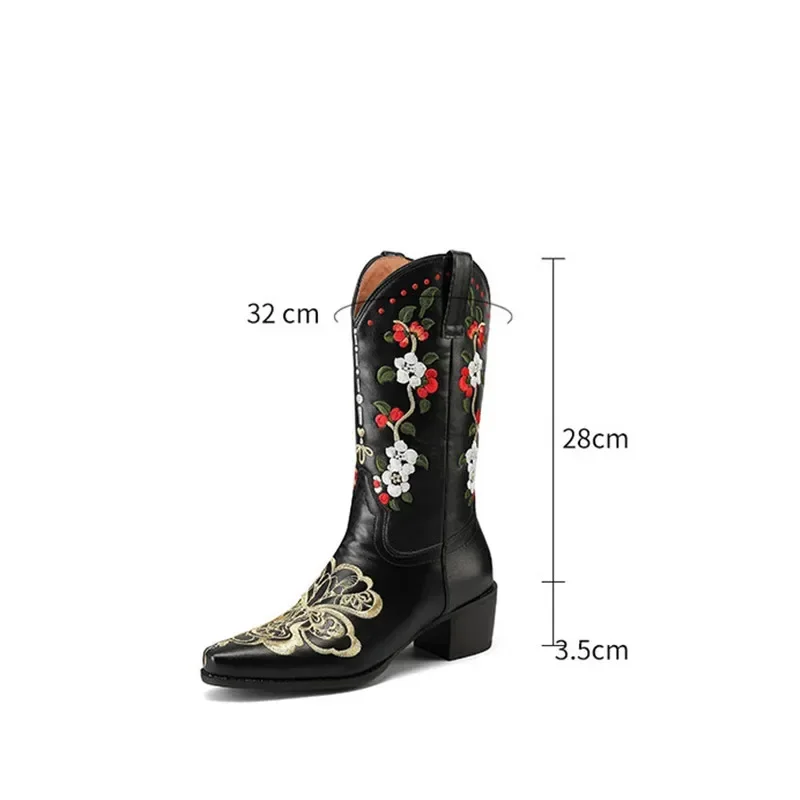 2024 Women\'s Autumn and Winter Thick High Heels Square Toe Sleeve Boots European and American Retro Embroidered Short Boots