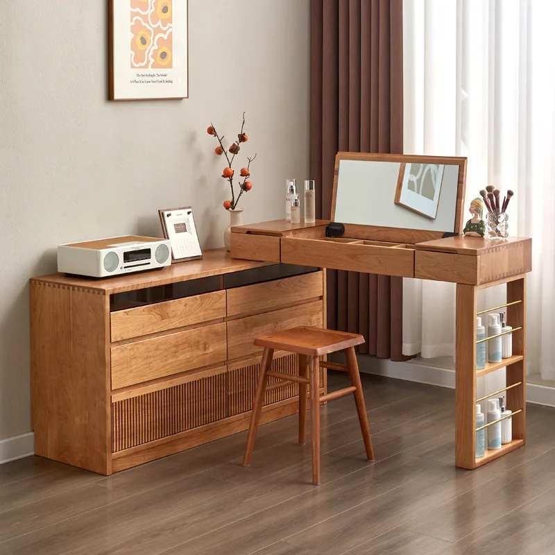 Dresser, black walnut makeup table with mirror, flip cover storage integrated desk