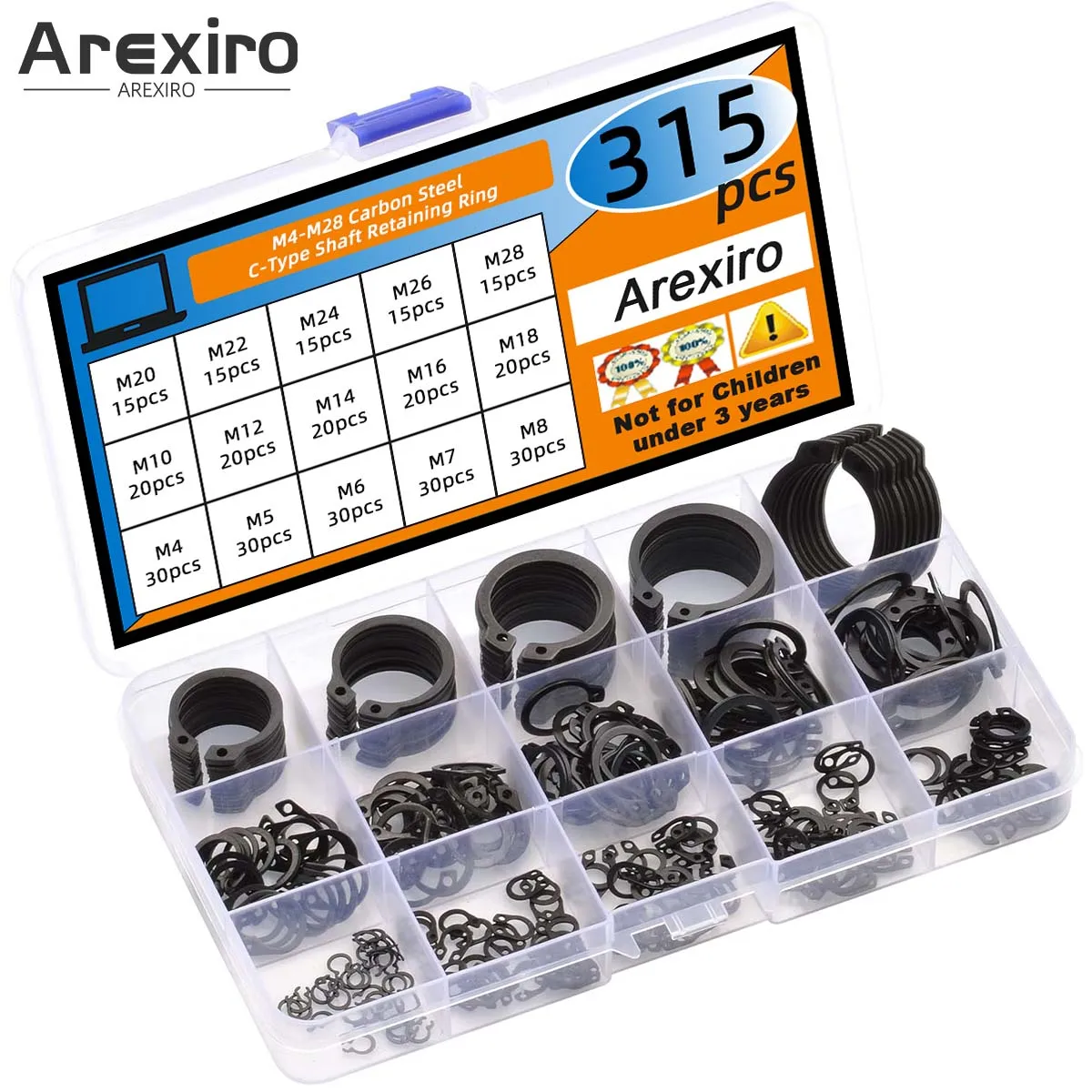 

Набор из 315 шт. пружинных C-образных зажимов (фиксаторов) из черной углеродистой стали M4-M28