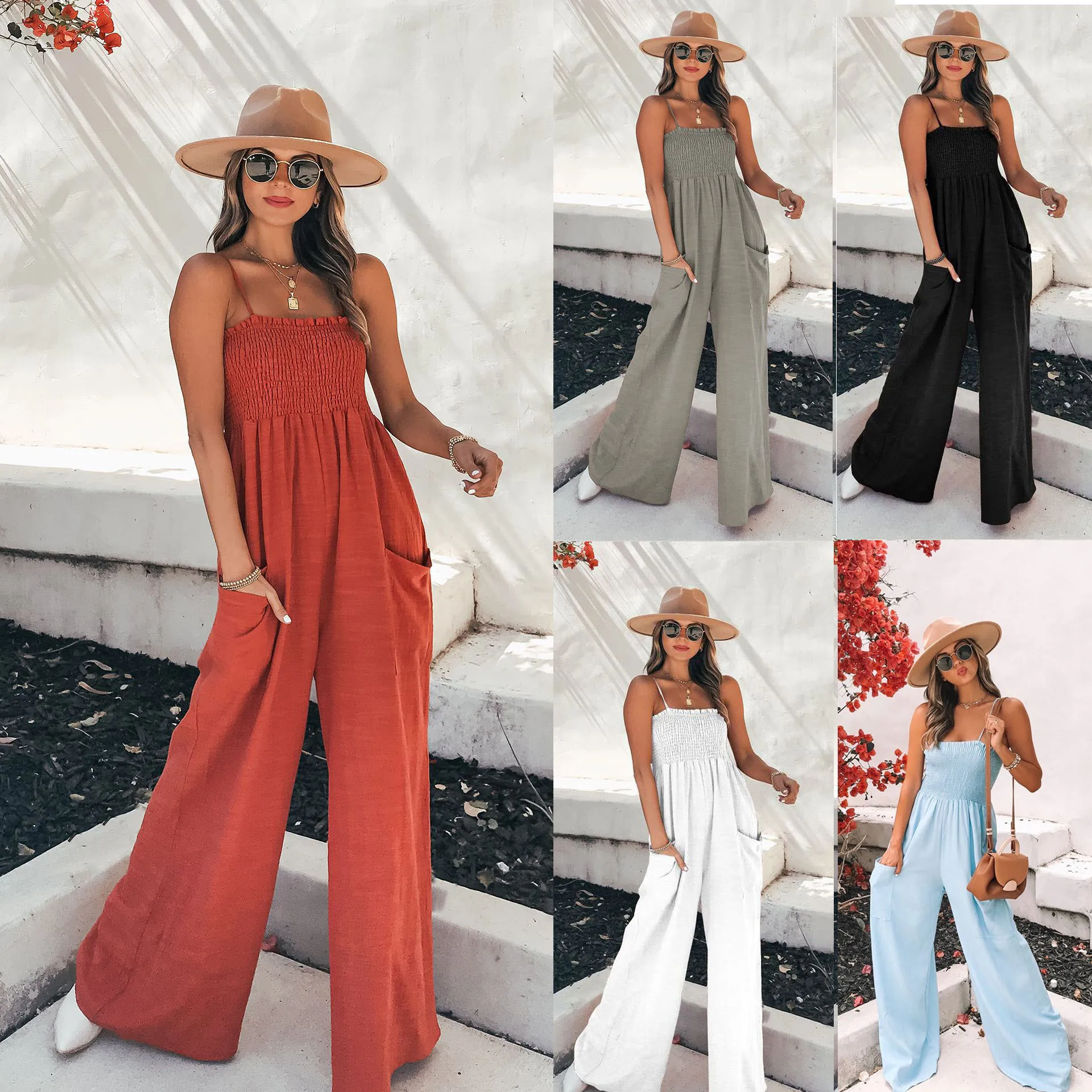 Women Spring Summer Jumpsuit Solid Color Sleeveless Wide Leg Pants High Waist Casual Fashion Sexy Comfortable Regular Standard