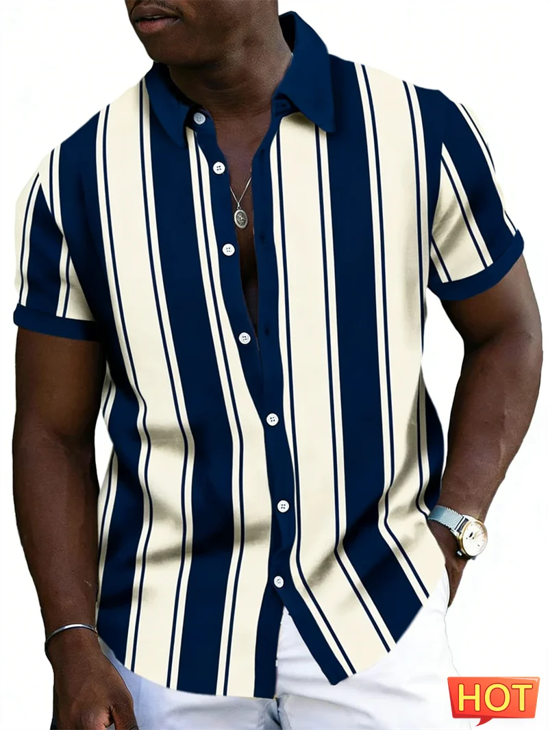 

Retro Striped Graphic Shirts For Men Simple Fashion Short Sleeve Lapel Button Daily Wear Shirt Loose Breathable Blouses Tops