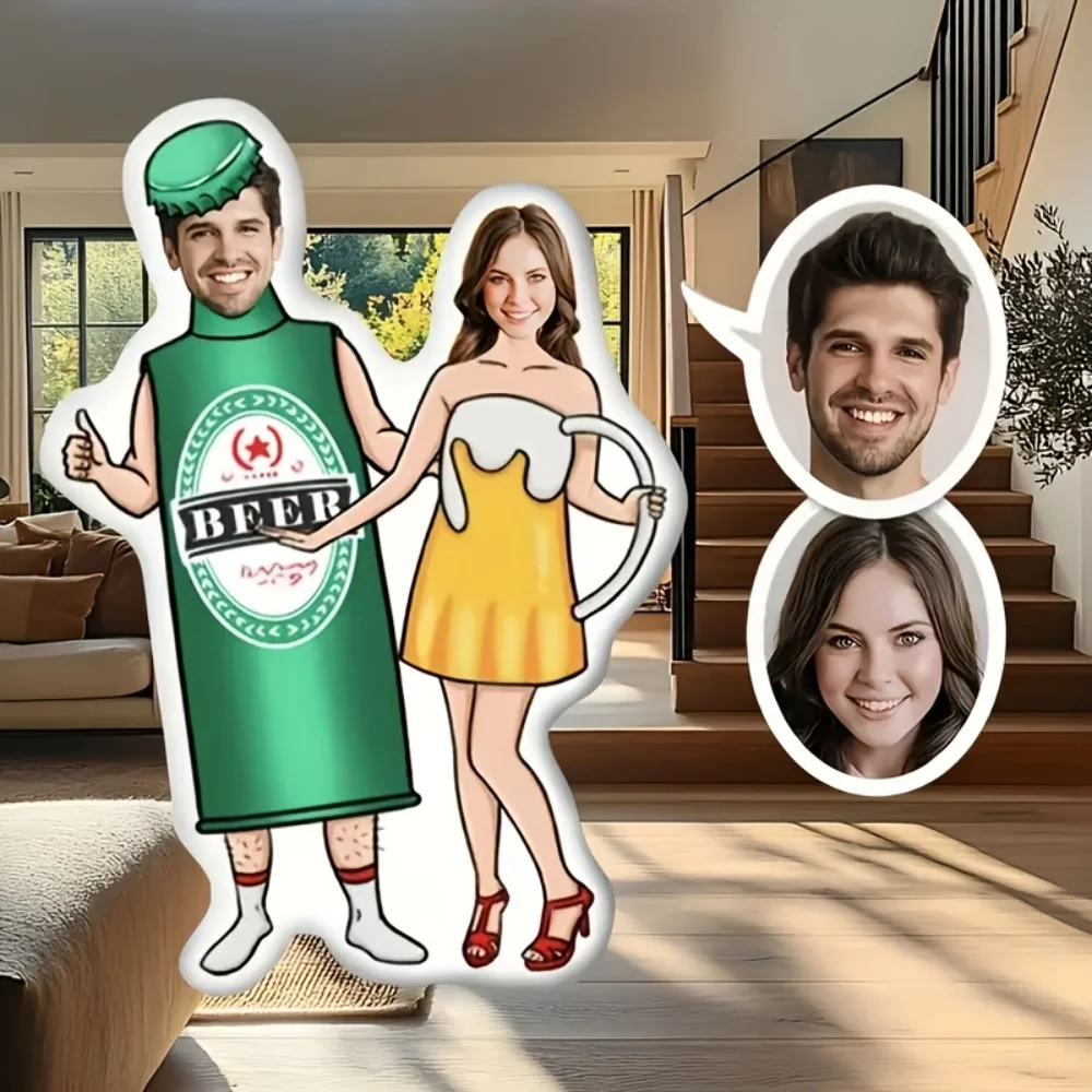 1Pc Personalized Custom Face Photo Beer Bottle Funny Throw Pillow,Double-Sided Design,Soft Plush Cushion with Insert,Couple Gift