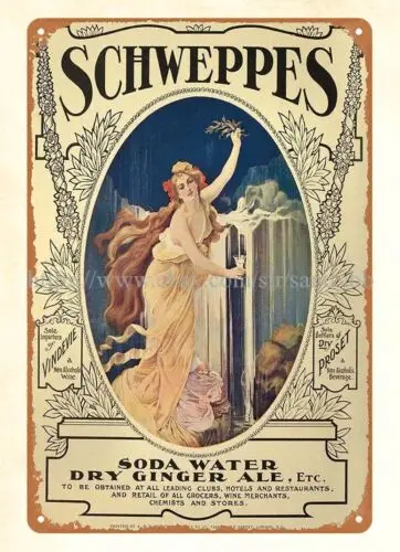 Letrero de hojalata de metal para decoración del hogar, colgante de moda, agua de soda, Schweppes, 1908