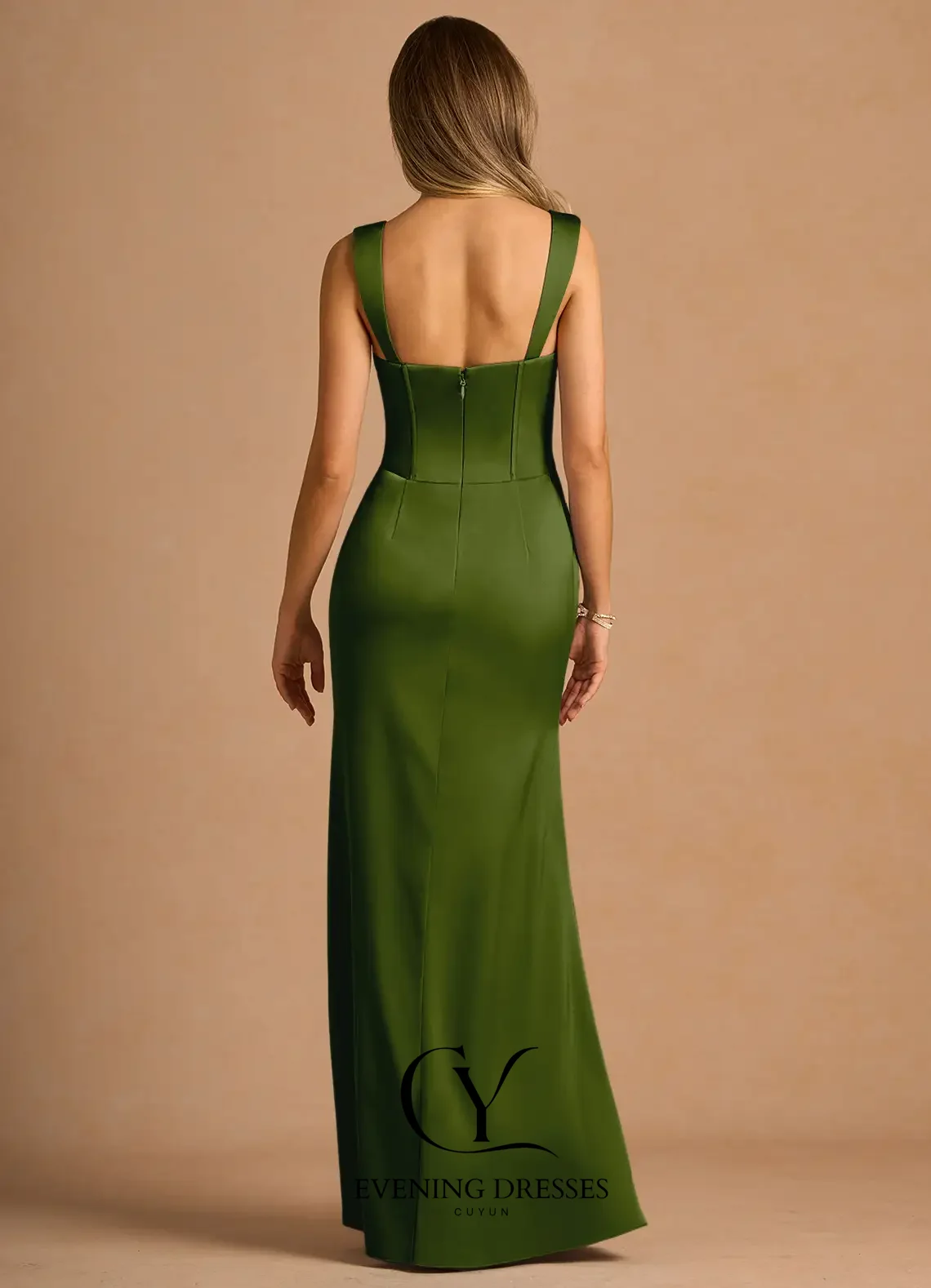 فستان ماكسي نسائي من CUYUN باللون الأخضر الزيتوني فستان سهرة على شكل قلب وأشرطة كتف أنيقة بطول الأرض فساتين حفلات مخصصة