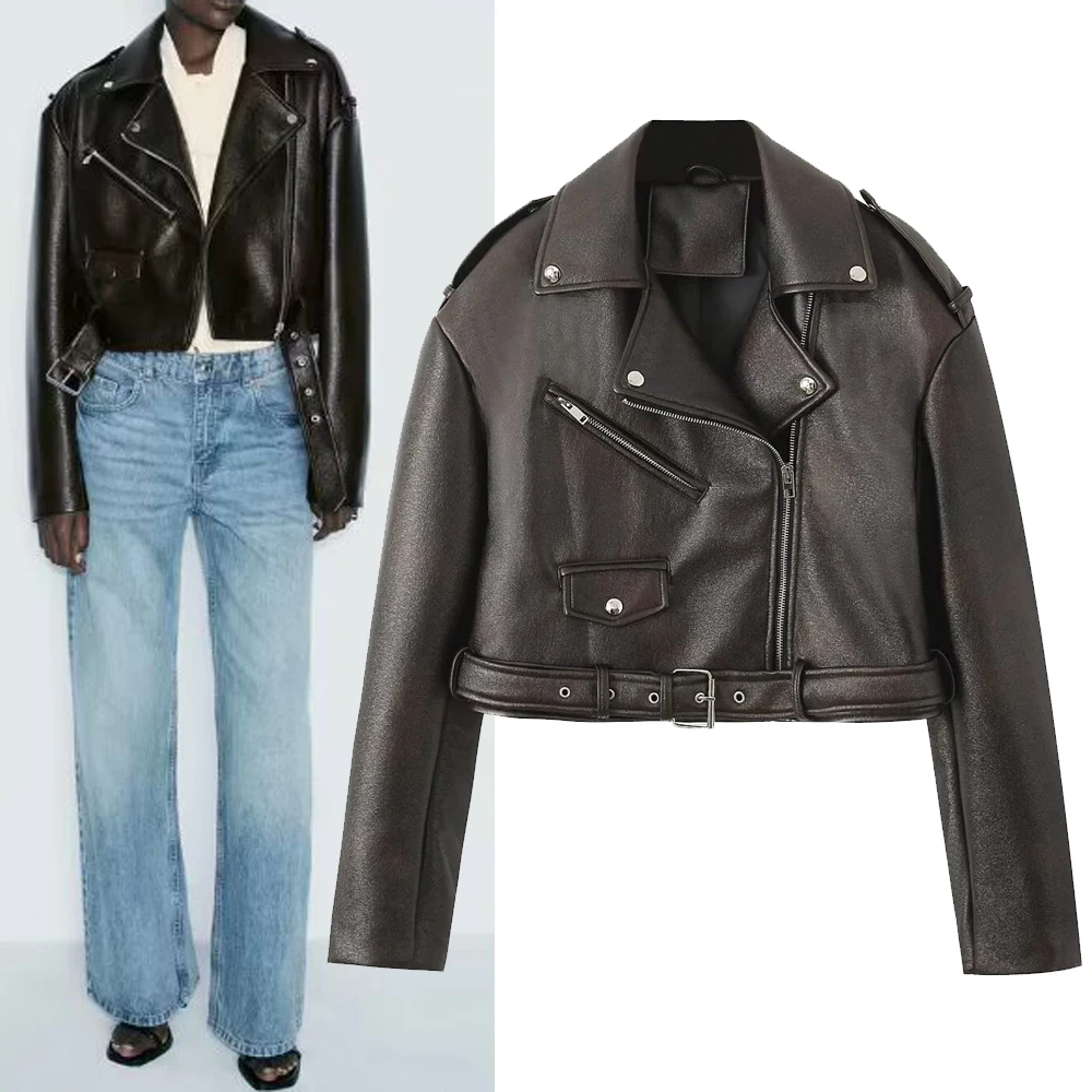 

Модная женская куртка из искусственной кожи с воротником-стойкой, на молнии, укороченная, с длинными рукавами, в байкерском стиле, универсальная осенняя куртка