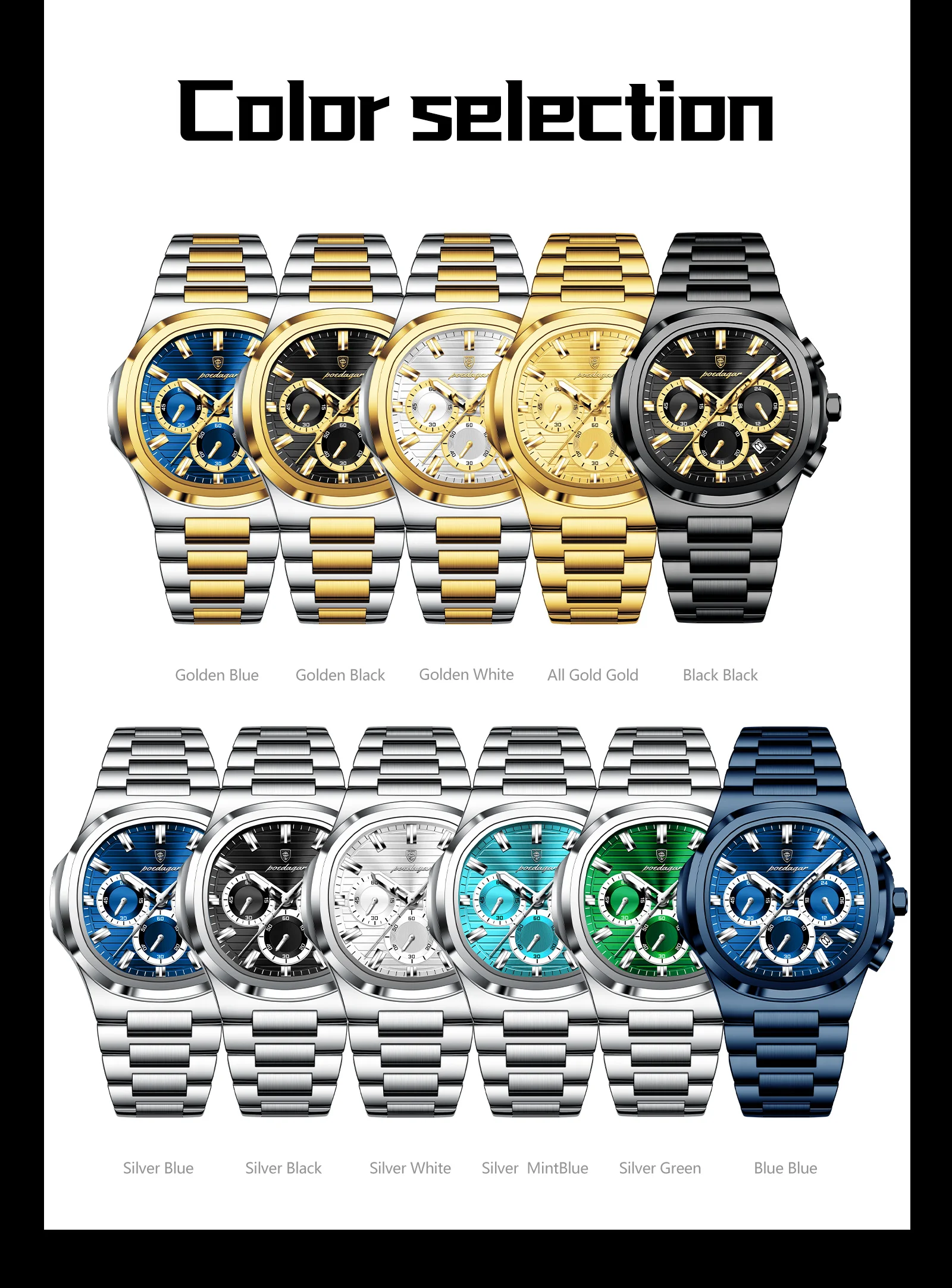 POEDAGAR Top Business Herrenuhr Leuchtend Wasserdicht Edelstahl Herren Armbanduhr Chronograph Datum Quarz Mode Herrenuhren – Detail 9