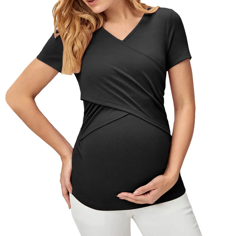 Summer Maternity Tops Women Pregnancy Short Sleeve T-Shirts Casual Tees for Pregnant Elegant Ladies Folds Top Women Clothes