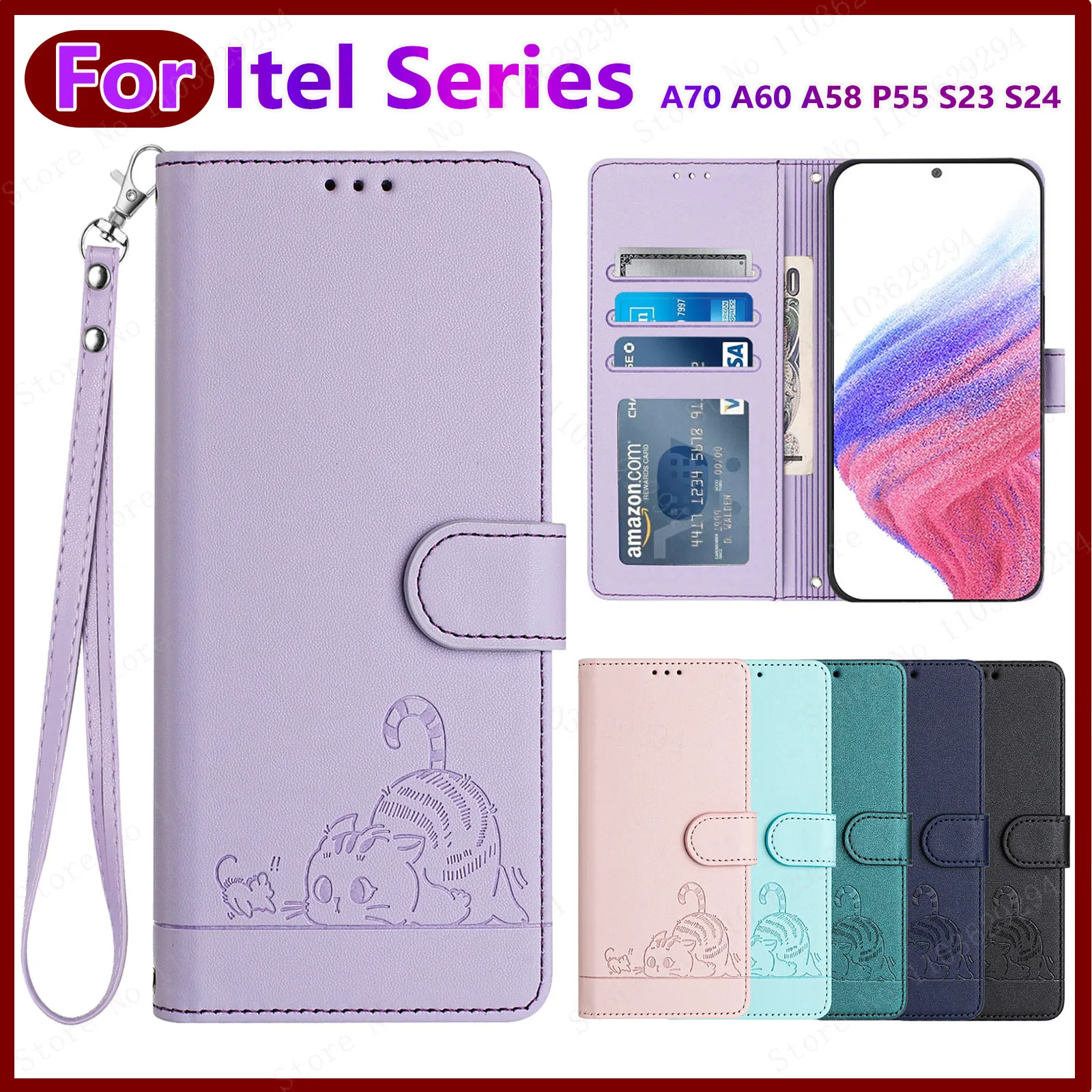 Leather Flip Wallet Phone Case, Card Holder, Crossbody, Protective Cover, Suitable for Itel A70, A60, A58, P55, P40, S23, S24