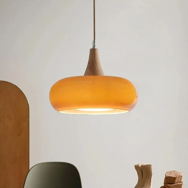 Denmark Orange Glass Pendant Light LED Retro Wood Lamp for Restaurant Bedroom Bar Counter Island Simple Persimmon Hanging Lamp