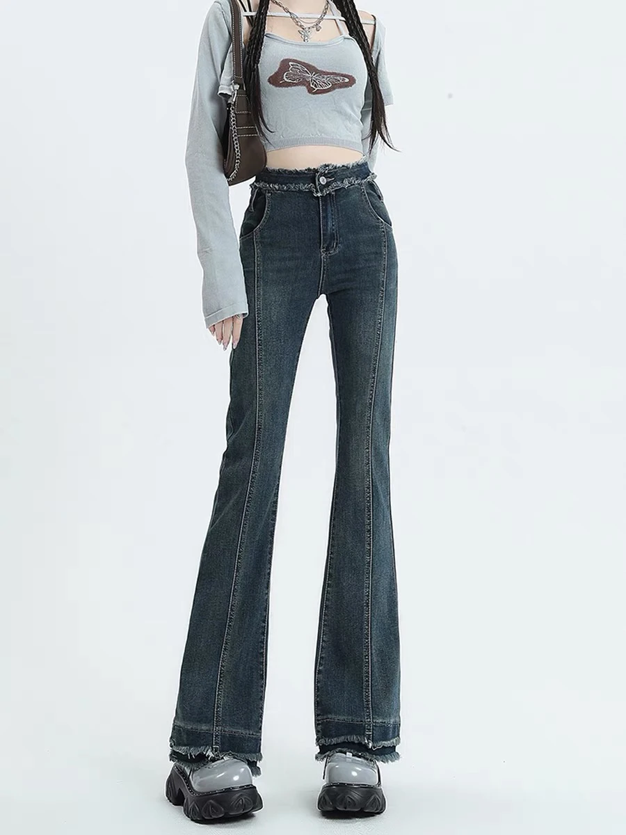 

High Waist Bell Bot Jeans Women's Frayed Hem Slimming Retro Blue ey American Sle Commute Wind Resistant Stretch Denim