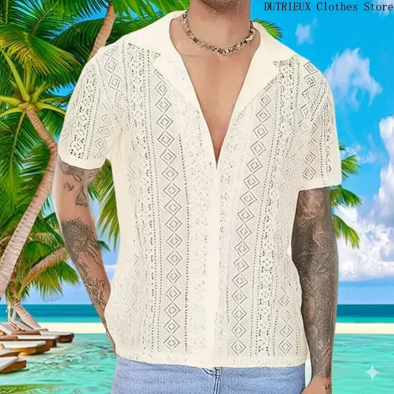 [Limited Edition] 2025 New Men's Lace Short-sleeved Shirt， Holiday Casual Perspective Shirt Sexy Hollow Button Summer Thin Shirt