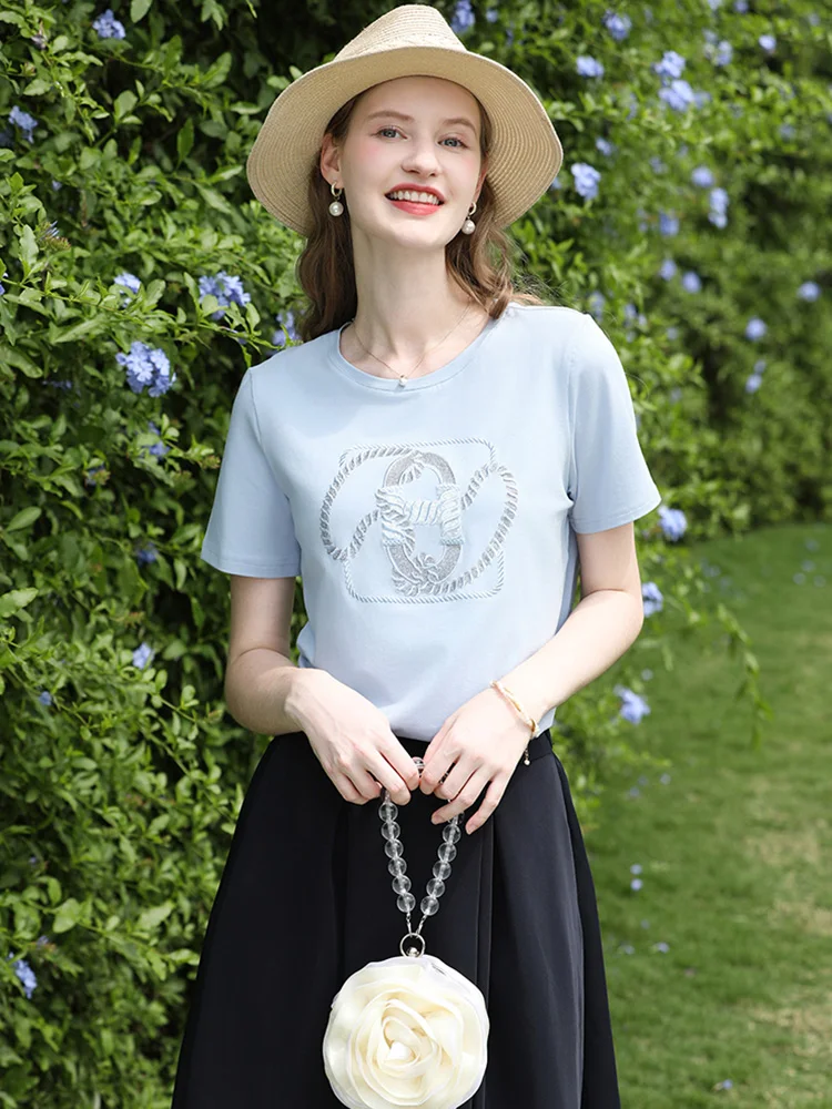 ICH GLAUBE SIE Kurzarm T-shirt frauen Perlen Stickerei Oansatz Top 2025, Sommer Neue Casual Blau T Weibliche Kleidung 2252016037