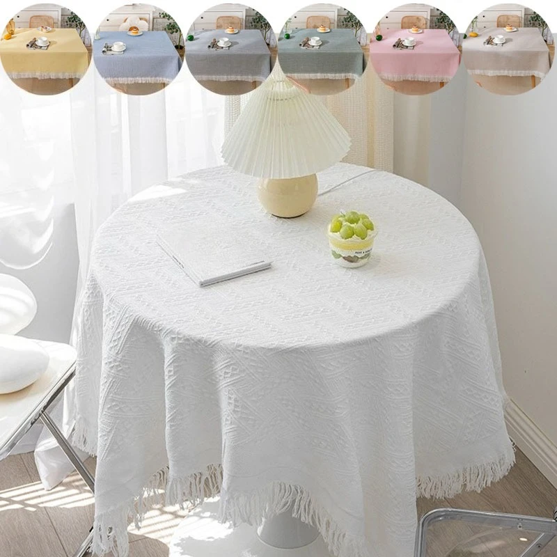 

French Style Minimalist Round Table Tablecloth with Grid Pattern Handmade Tassel Home Dining Table Decoration Dust Cover Cloth