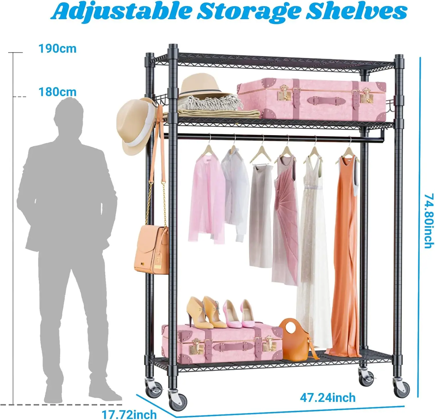 Unidade do shelving do fio com rodas da barra do gancho, cremalheira do vestuário, tamanho grande 3-Tiers, ganchos laterais 2-Pair, preto, resistente