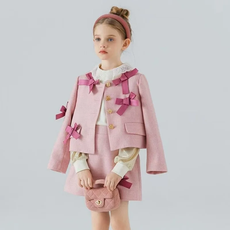 

Girl Set Spring and Autumn New Children's Sweet Pink Bow Coat Short Skirt Fashion Two piece Set 120-160CM