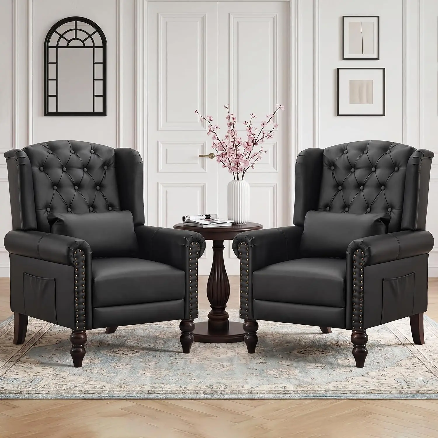 High Back Accent Armchair, Faux Leather with Nailhead Trim& Button Tufted Wingback, Wood Leg & Pillow for Living Room,Customized