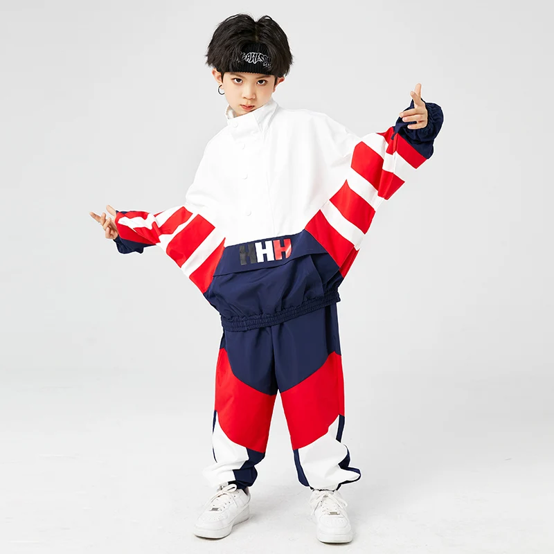 Top Casual Street Jogger Pants for Girl Boy Dance Costumes Set Clothes Kids Hip Hop Clothing Teen Show White Red Pullover Jacket