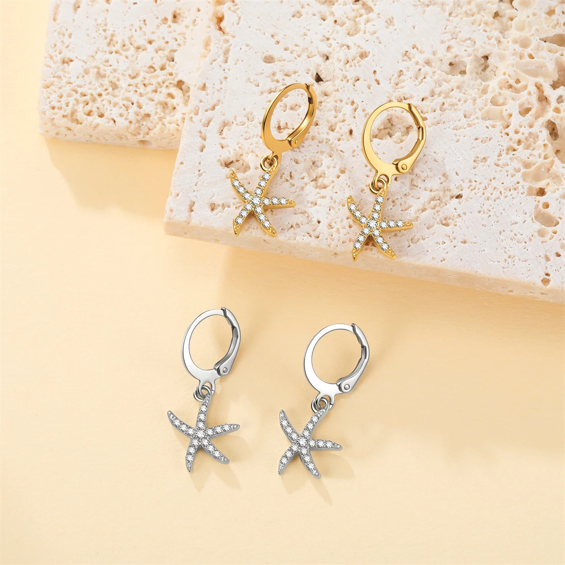 Eueavan Zirkon-Seestern-Muschel-Creolen aus Edelstahl, geometrische Ohrringe für den Sommerurlaub am Strand, für Damen, Party-Schmuck, Geschenk – Detail 6