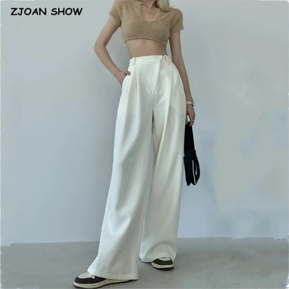 GOTHIC Spring Solid Beige Oblique Closure High Waist Wide Leg Pants Woman Leisure Loose Trousers Ruched Front Straight Bottom