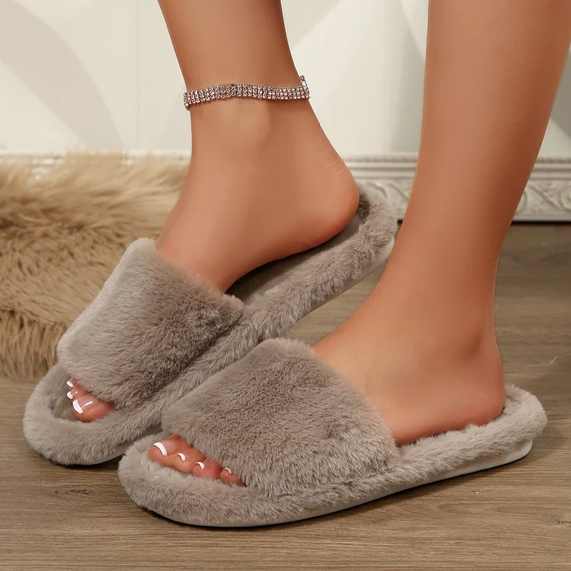 Winter Warme Flauschige Pelzige Hausschuhe für Damen Leichte Flache Absätze Fell-Baumwoll-Pantoffeln Offene Zehen Rutschfeste Haus-Schuhe