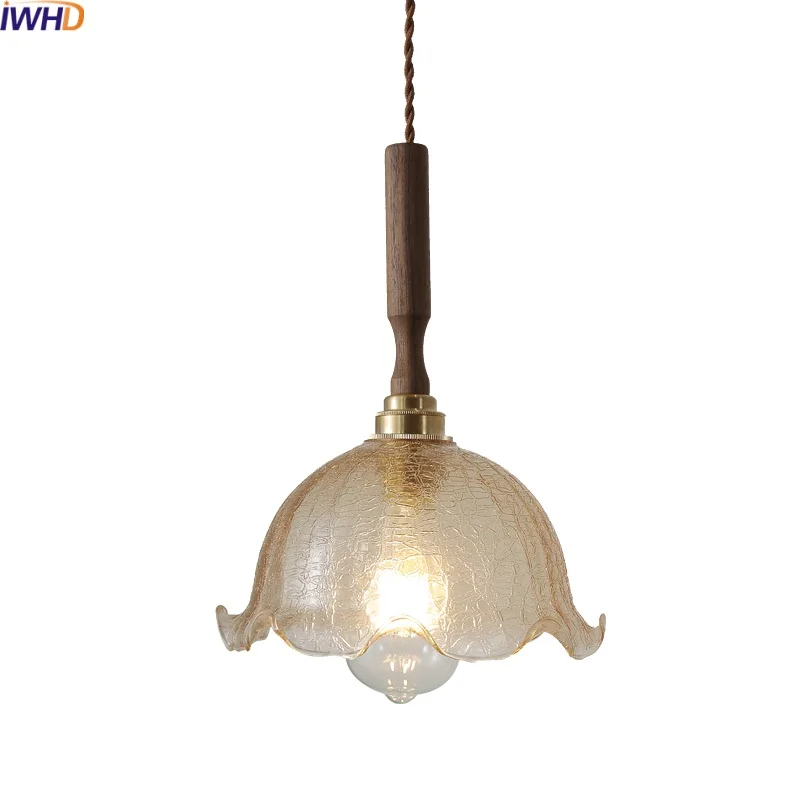 

IWHD Amber Glass LED Pendant Lamp Home Decor Corridor Bedroom Living Room Copper Walnut Hanging Lights Fixtures Hanglampen