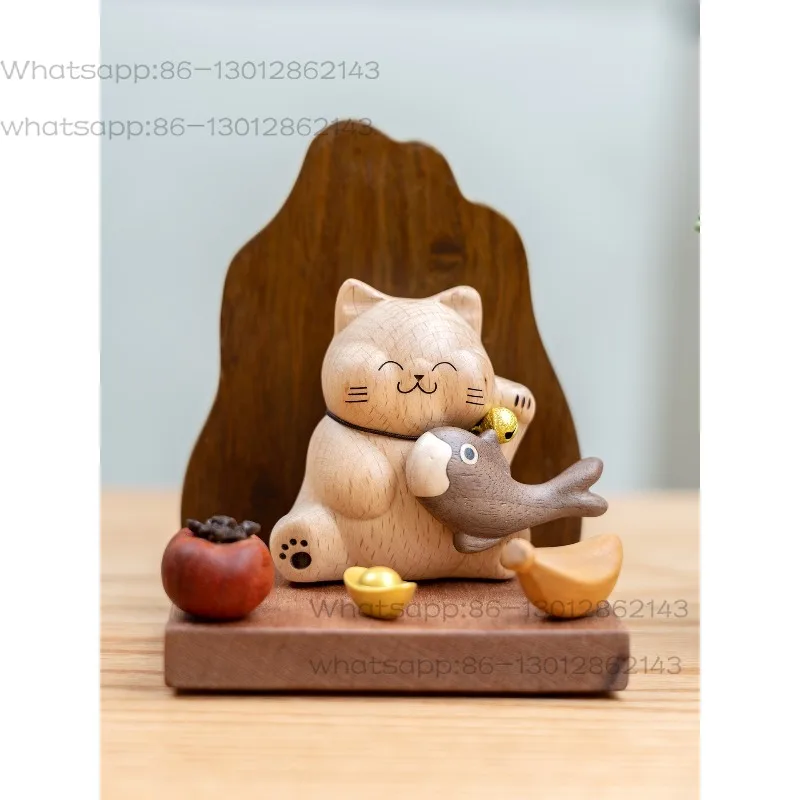 Entrance solid wood lucky cat ornament cartoon cute creative checkout page desktop decoration opening housewarming gifts