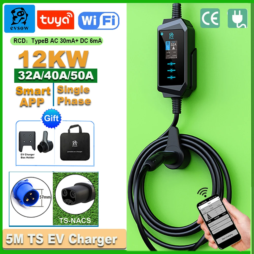 Evsow 12KW50A EV-oplader TS-SNACS snellaadoplader met WIFI APP-bediening EVSE-oplaaddoos Draagbare elektrische autolader