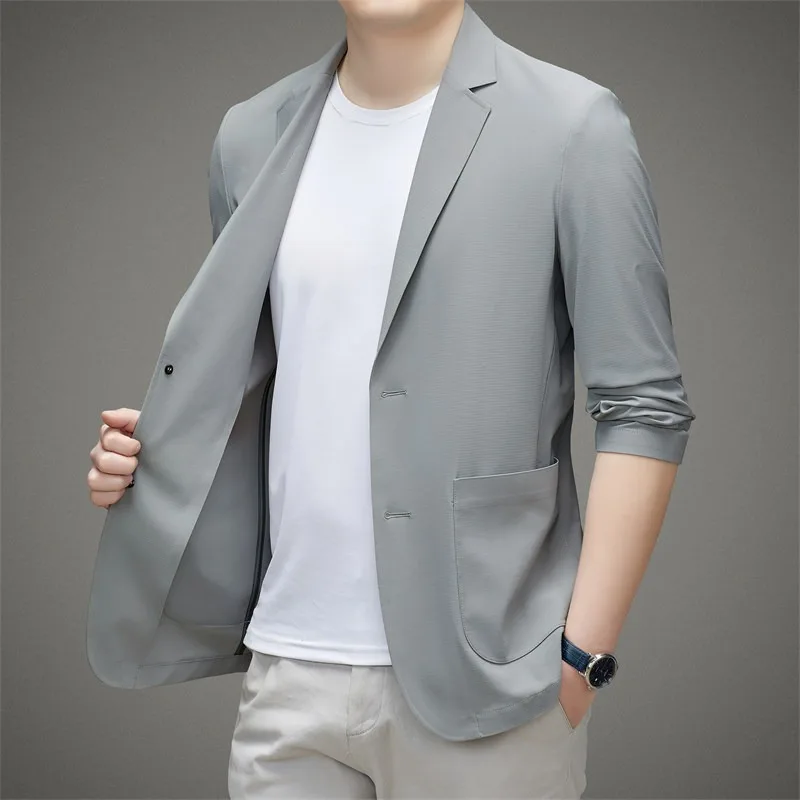 Men Casual Blazer Ice Silk Nylon Spandex Seamless High Stretch Sun Protection Casual Thin Summer Breathable Jacket Daily Wear