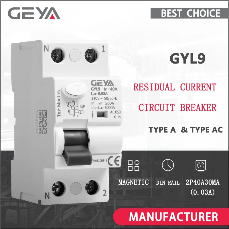 2P 40A 30MA Type AC & TYPE A RCCB Magnetic Residual Current Circuit Breaker AC ELCB GEYA GYL9