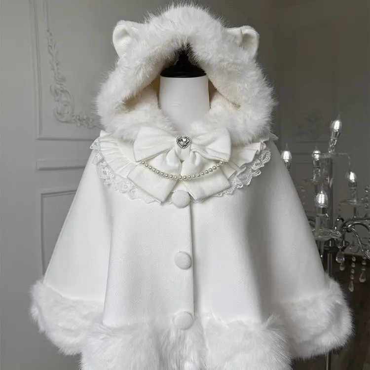 

Japan Cat Cloak Lolita Style Winter White Coat Lolita Plus Fleece JSK Cloak